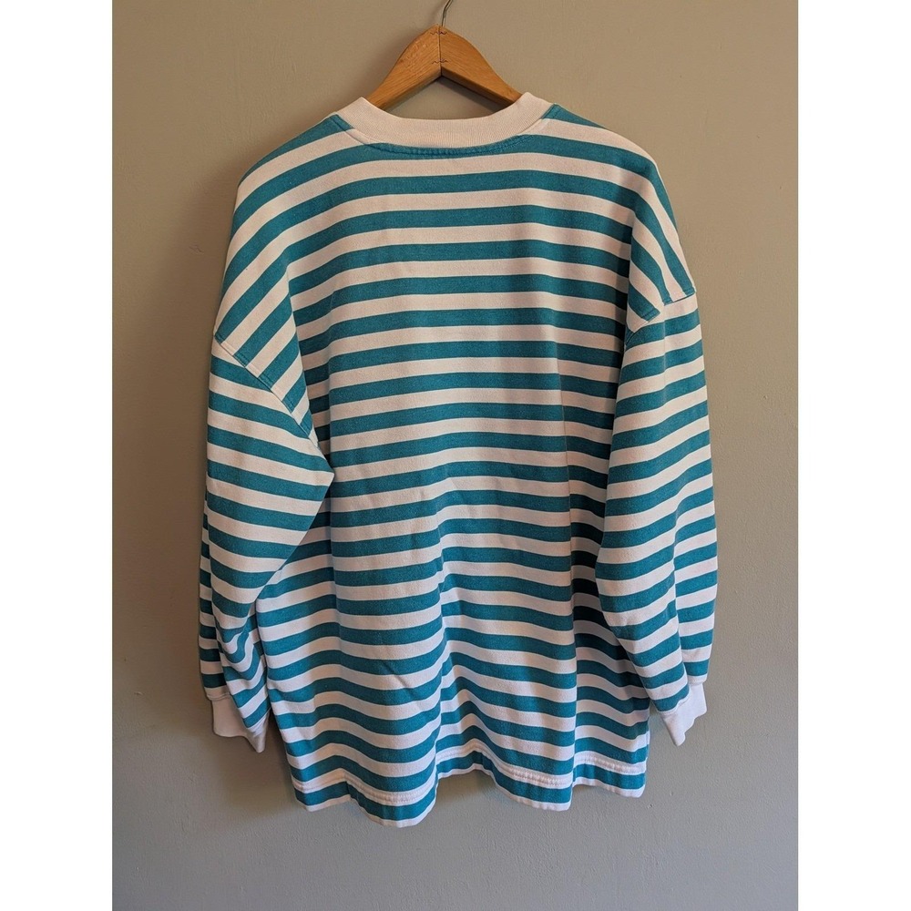 Cheetah Mervyns Vintage Striped Lace Up Sweatshirt Teal White Large Nautical - Picture 9 of 12